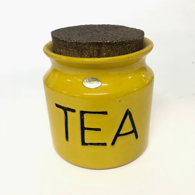 CANNISTER, 1970s Yellow Glazed Storage Jar 'Tea' w Cork Stopper